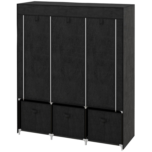 Schwarzer Stoffkleiderschrank mit Kleiderstangen und Schubladen