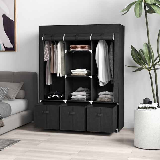 Schwarzer Stoffkleiderschrank mit Kleiderstangen und Schubladen