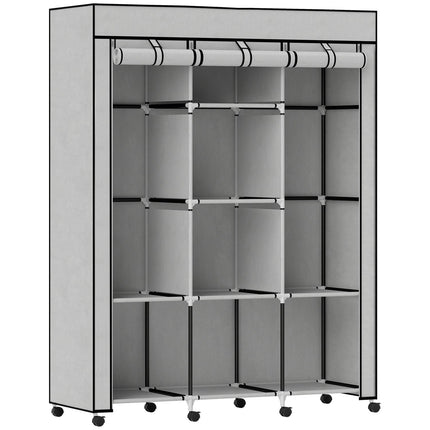 Armoire en tissu, 8 étagères, 2 tringles de suspension, gris