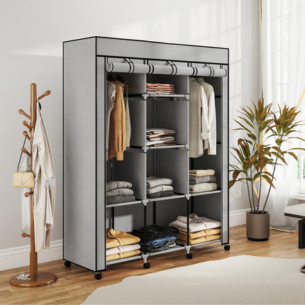 Armoire en tissu, 8 étagères, 2 tringles de suspension, gris