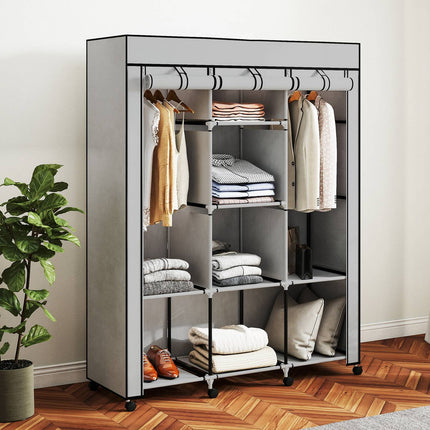 Armoire en tissu, 8 étagères, 2 tringles de suspension, gris