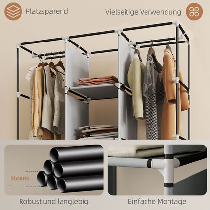 Armoire en tissu, 8 étagères, 2 tringles de suspension, gris