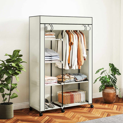 Stoffkleiderschrank, 6 Fächer, Kleiderstange, Creme