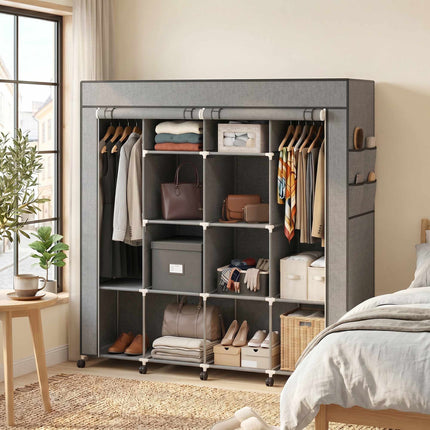 Armoire en tissu avec 2 tringles, 10 étagères, grise