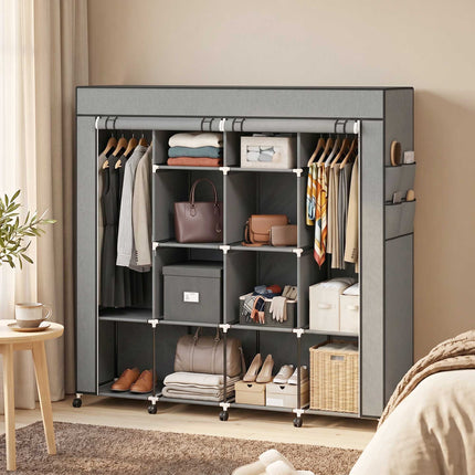 Armoire en tissu avec 2 tringles, 10 étagères, grise