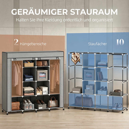 Armoire en tissu avec 2 tringles, 10 étagères, grise