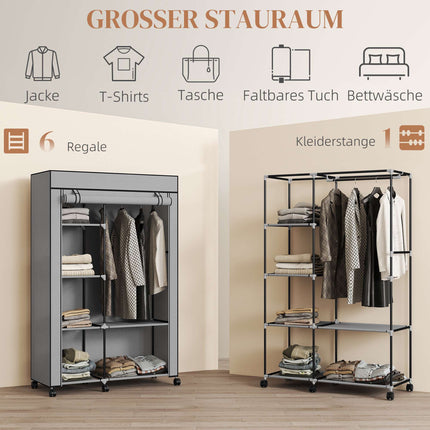 Armoire en tissu avec 6 étagères et tringle, gris clair
