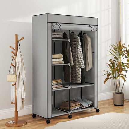 Armoire en tissu avec 6 étagères et tringle, gris clair