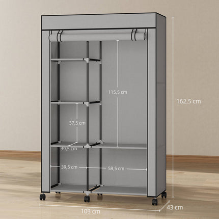 Armoire en tissu avec 6 étagères et tringle, gris clair