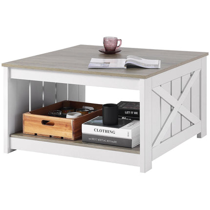 Farmhouse Coffee Table, 31.5 in Square, Open Storage, Gray/White