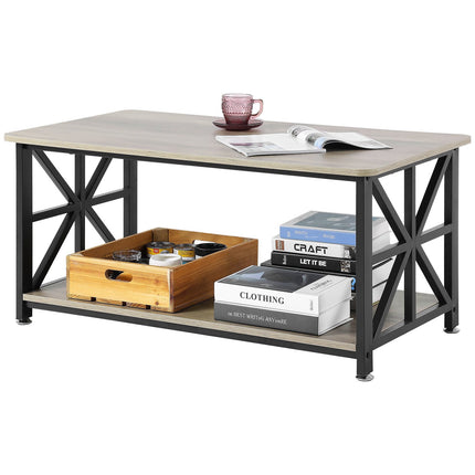 Farmhouse Coffee Table 40 Inch, Open Storage, Metal Legs