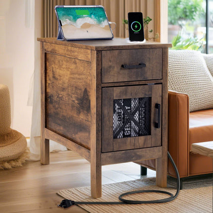 Farmhouse End Table with USB, Outlets, Drawer, Cabinet