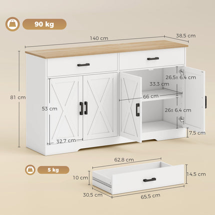 Bauernhof-Sideboard, 140 cm, 2 Schubladen, Weiß