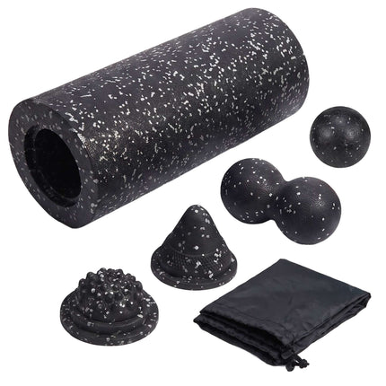 Fascia Roller Set of 5 with Duo Ball and Trigger Point Tool, Carry Bag, Black
