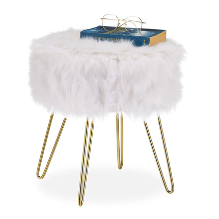 Tabouret en fausse fourrure blanc-doré