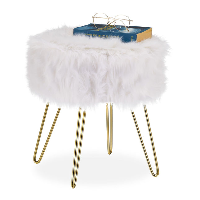 Hocker aus Kunstfell in Weiß-Gold