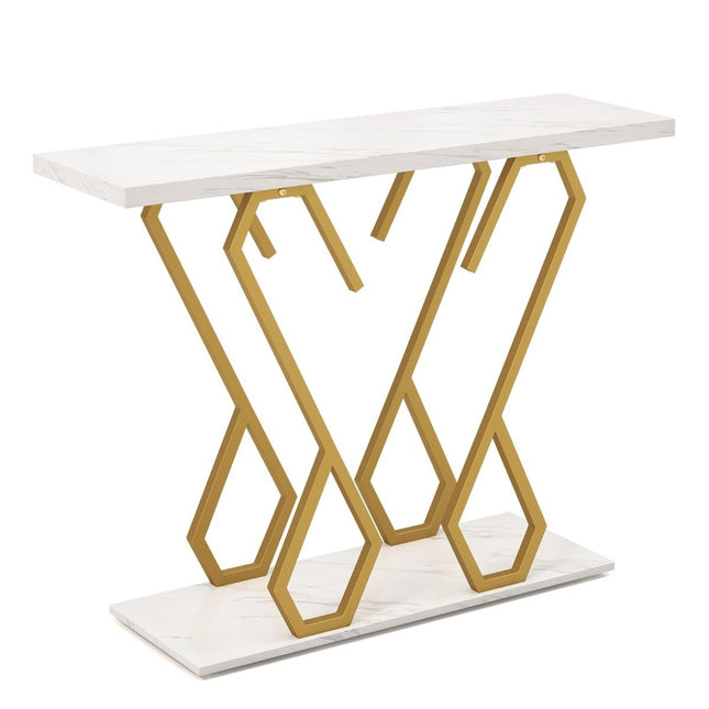 Table console en faux marbre, table de foyer avec repose-pieds réglables blancs et dorés