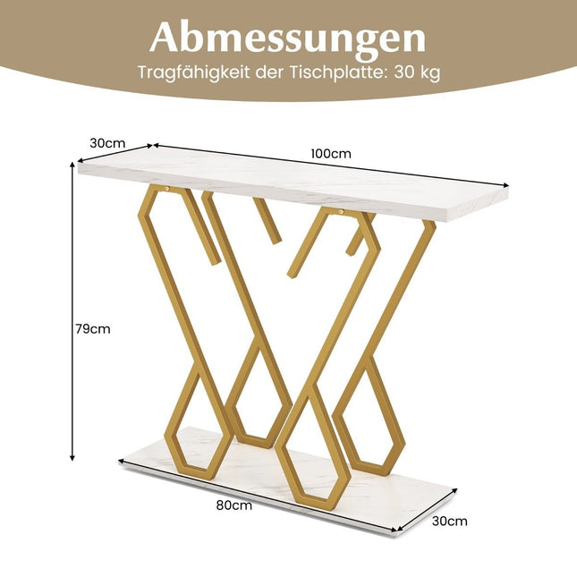 Table console en faux marbre, table de foyer avec repose-pieds réglables blancs et dorés