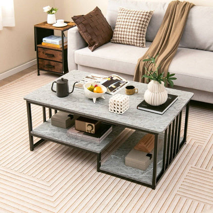 Table basse en imitation marbre avec étagère ouverte et table d'appoint avec structure en métal 110 x 60 x 45 cm