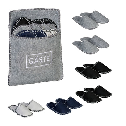 Filz-Gästepantoffel-Set mit Tasche – 6 Paar, rutschfeste Sohlen
