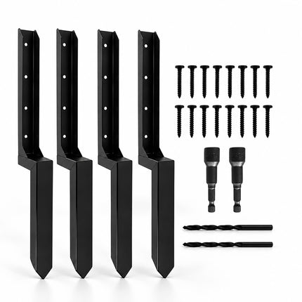 Fence Post Repair Kit with Ground Spike Anchors, 4-Piece Set, Black