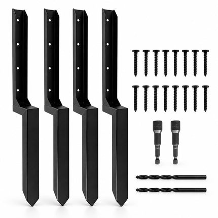 Fence Post Repair Kit with Ground Spike Anchors, 4-Piece Set, Black