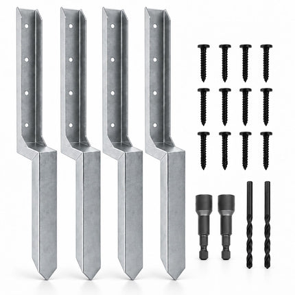 Fence Post Repair Kit with Ground Spike Anchors, 4-Piece Set, Silver