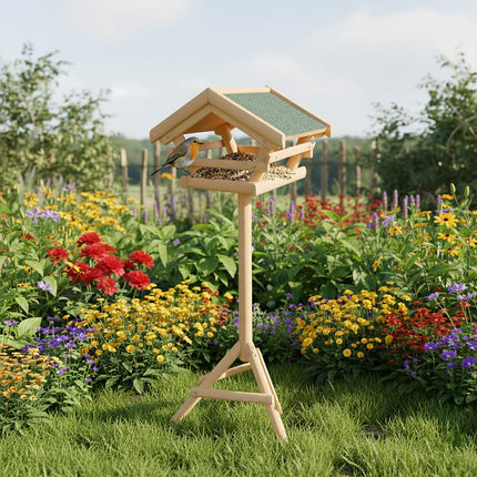 Mangeoire à oiseaux en bois de sapin avec support - Résistante aux intempéries