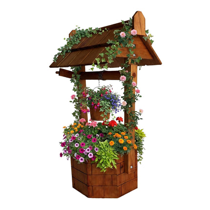 Fontaine de jardin en bois de sapin avec manivelle et seau