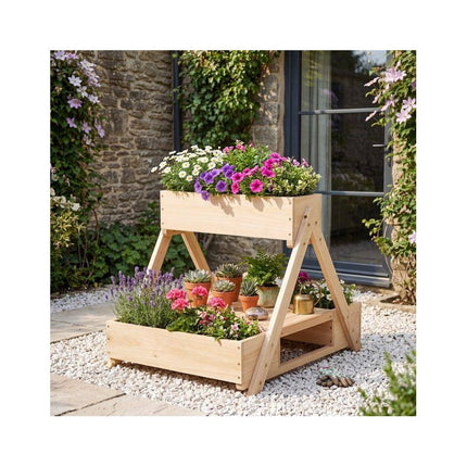 Fir Wood Planter Stand with 3 Boxes and Open Shelf, 75 kg Capacity, Natural
