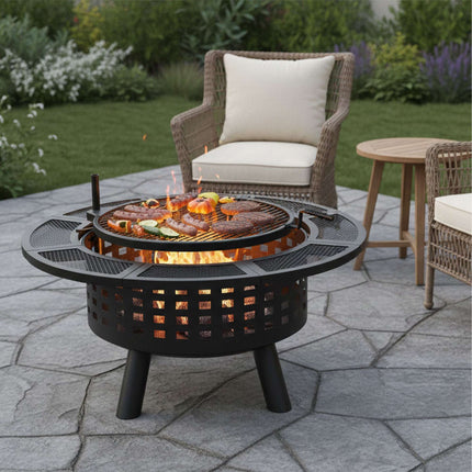 Brasero avec grille pivotante à 360° et tisonnier