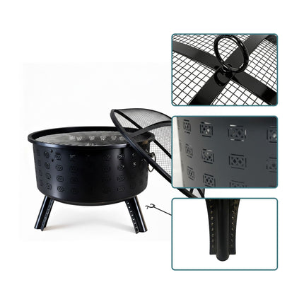 Feuerschale mit Grillrost – Rautenmuster, Schwarz