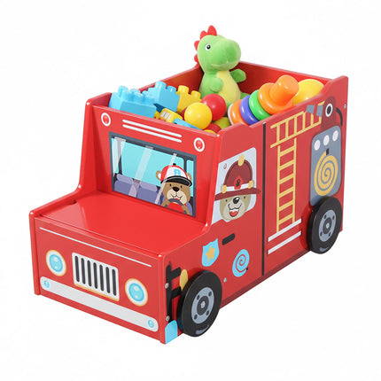 Coffre à jouets en forme de camion de pompiers avec compartiment secret