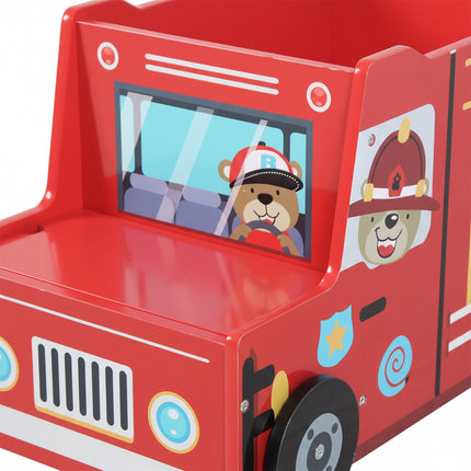 Coffre à jouets en forme de camion de pompiers avec compartiment secret