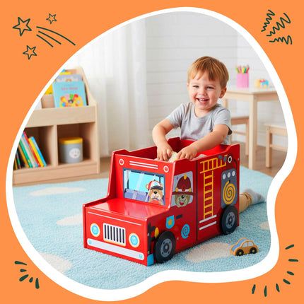 Coffre à jouets en forme de camion de pompiers avec compartiment secret
