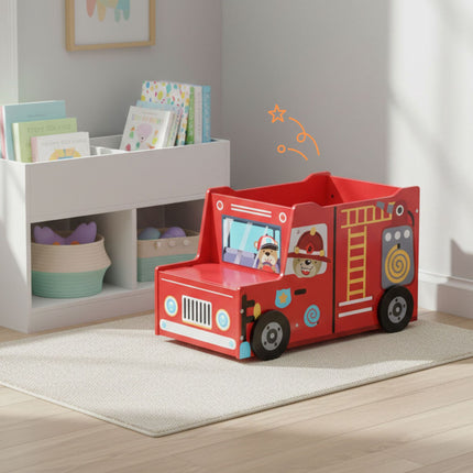 Coffre à jouets en forme de camion de pompiers avec compartiment secret