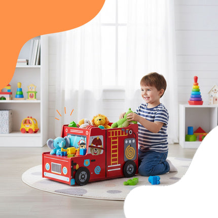 Coffre à jouets en forme de camion de pompiers avec compartiment secret