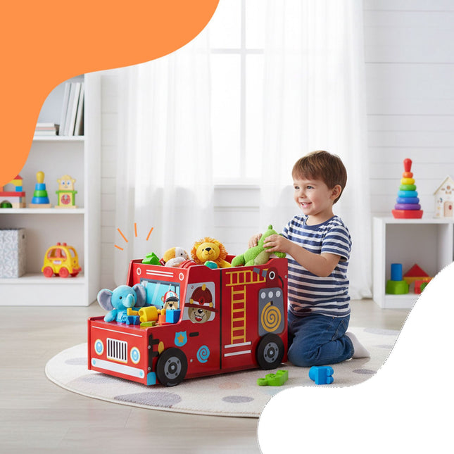 Coffre à jouets en forme de camion de pompiers avec compartiment secret
