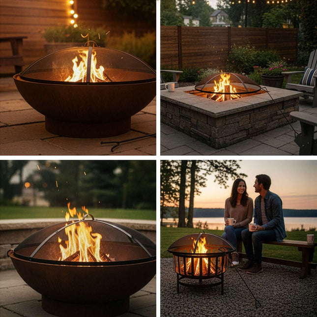 Fire Pit Spark Guard, Round Metal Mesh, Includes Poker, 70 cm