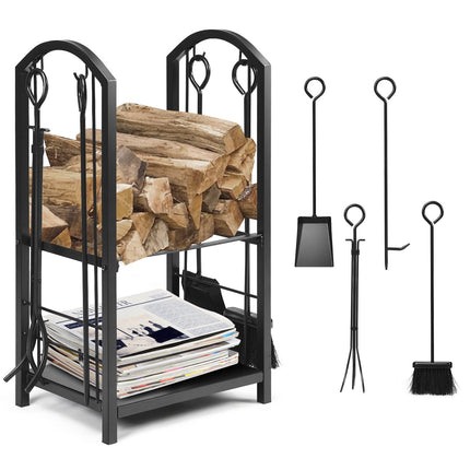 Porte-bûches de cheminée avec ensemble d'outils – Fer forgé, Noir