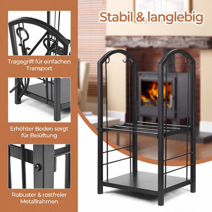 Porte-bûches de cheminée avec ensemble d'outils – Fer forgé, Noir