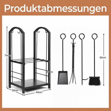 Porte-bûches de cheminée avec ensemble d'outils – Fer forgé, Noir