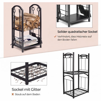 Porte-bûches de cheminée avec ensemble d'outils – Fer forgé, Noir