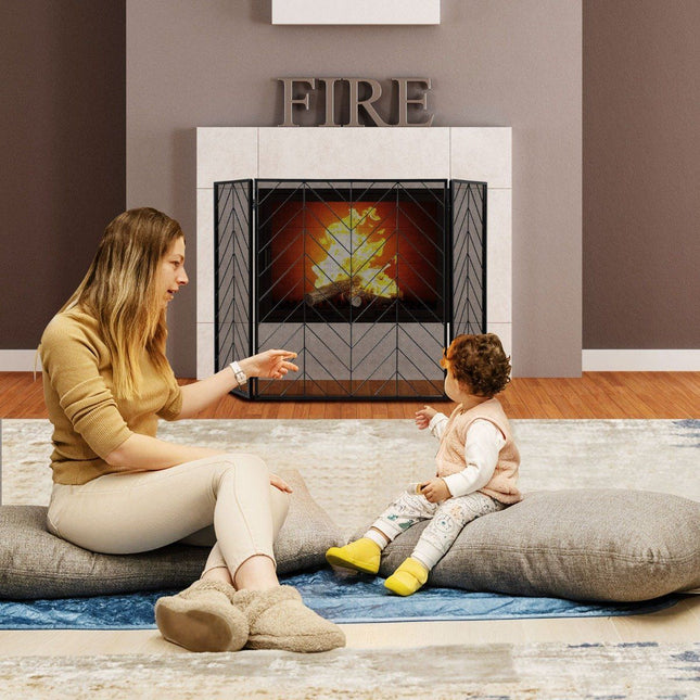 Pare-feu de cheminée, cadre métallique pliable à 3 panneaux, 133 x 78 cm
