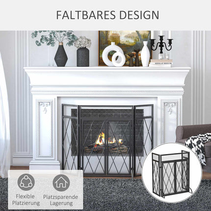 Pare-feu de cheminée pliable à 3 panneaux, métal noir 120 x 79 cm