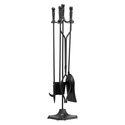 Fireplace Tool Set, 5-Piece Wrought Iron Stand, Black