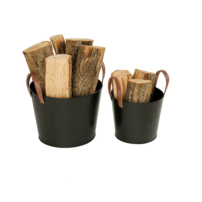 Paniers à bûches, lot de 2, en métal noir, poignées en cuir