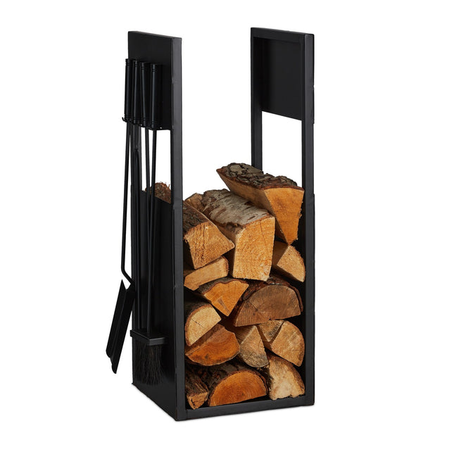 Kaminholzständer mit Schürhaken, Schaufel, Besen, Zange