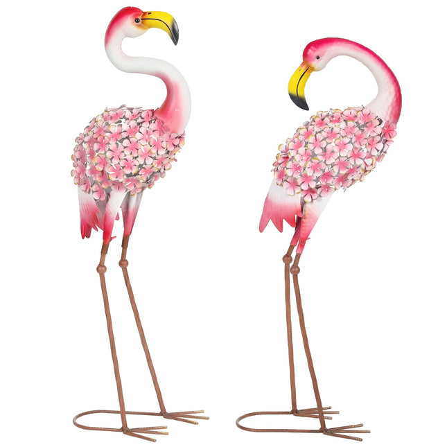 Flamingo Gartenstatuen 2er-Set, Metallvögel mit Erdspießen
