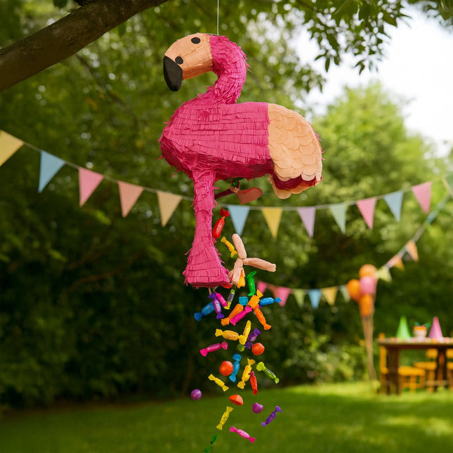 Ensemble piñata flamant rose avec bâton et masque